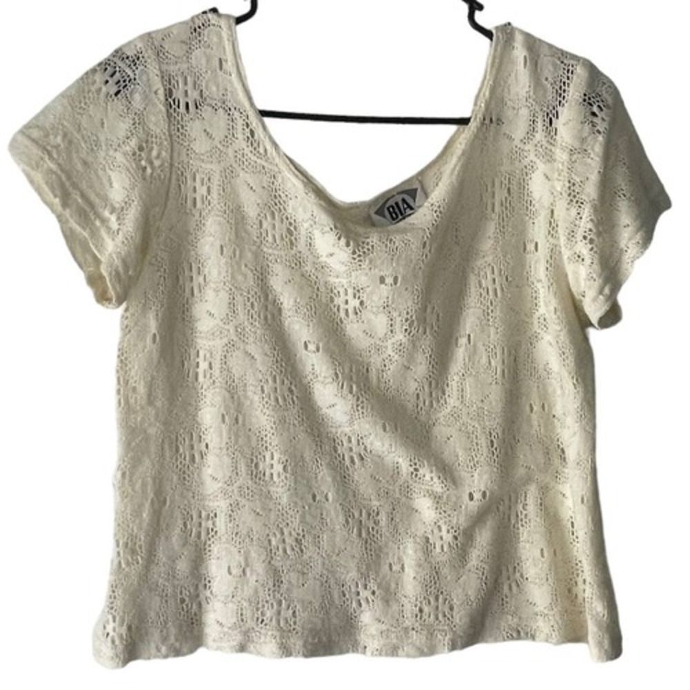 BIA Women's Large Vintage 90s Crochet Floral White Top Festival Coastal Cowgirl